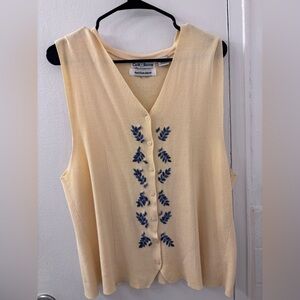 croft & barrow butter yellow Sleeveless Button-Front Top with Blue Embroidery